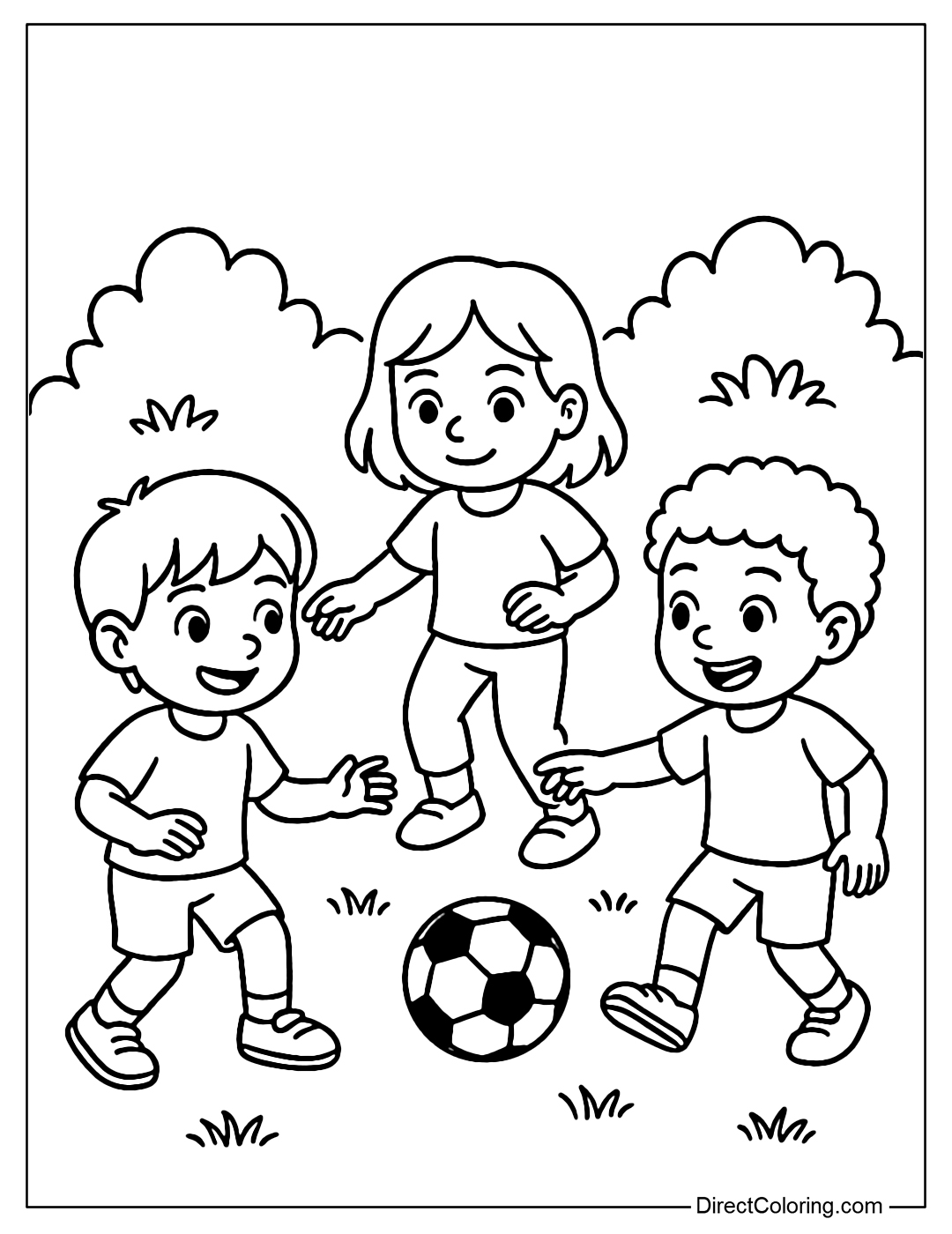 A 3-person coloring page of happy passing the ball in the garden.